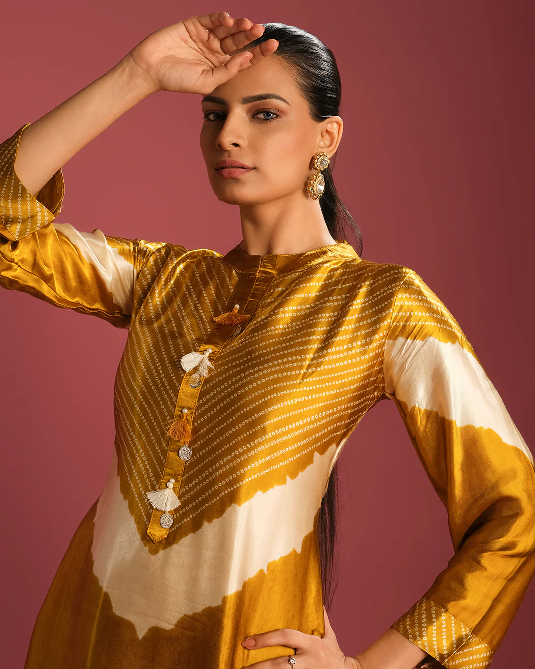 Golden Mustard Shibori Printed Kurta Set - Image 3