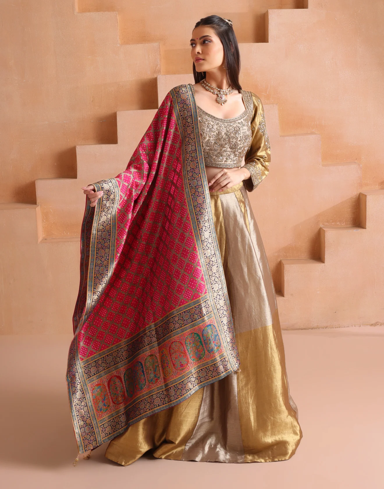 Golden Rays Embellished Silk Lehenga Set With Contrast Bandhej Dupatta