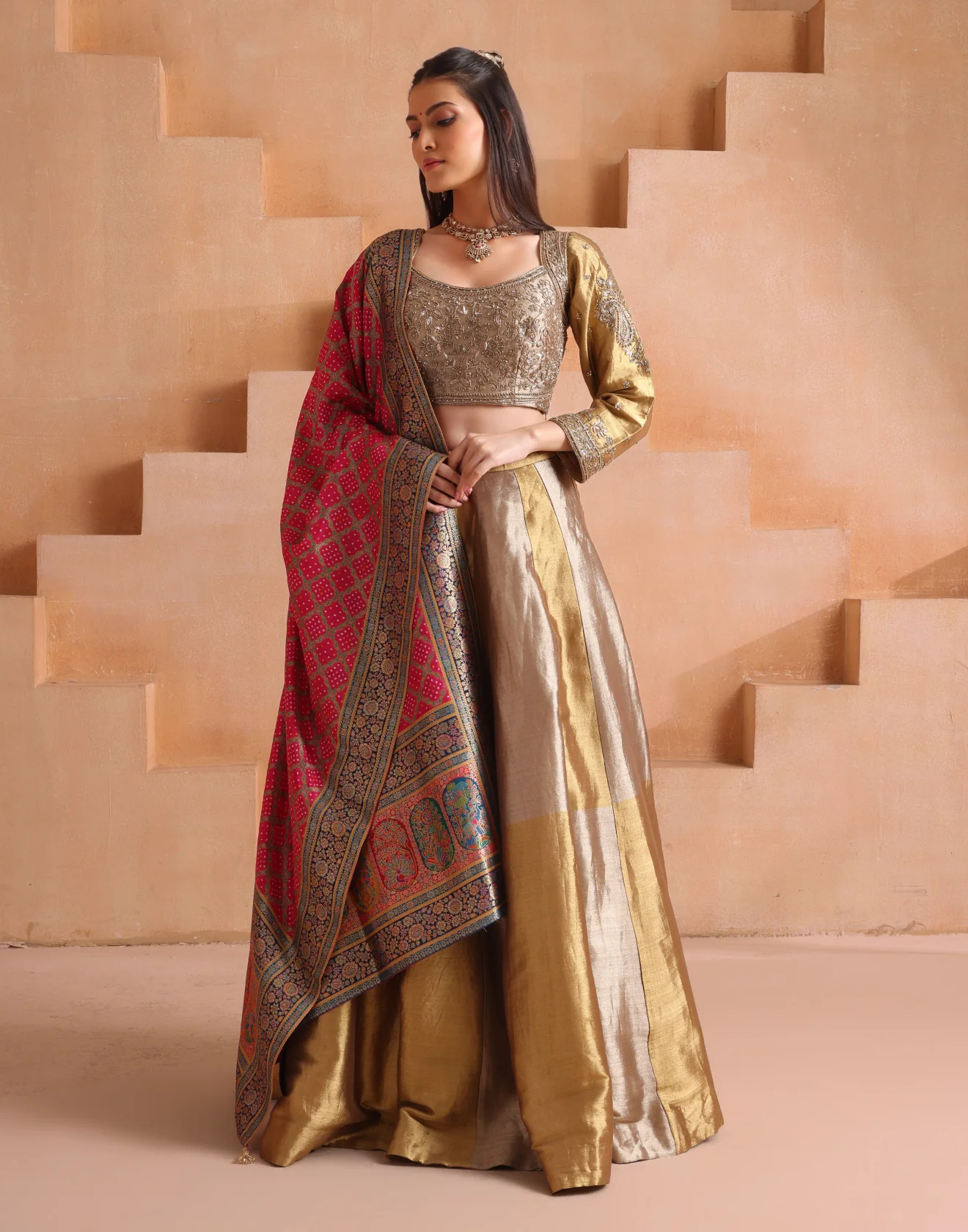 Golden Rays Embellished Silk Lehenga Set With Contrast Bandhej Dupatta - Image 2
