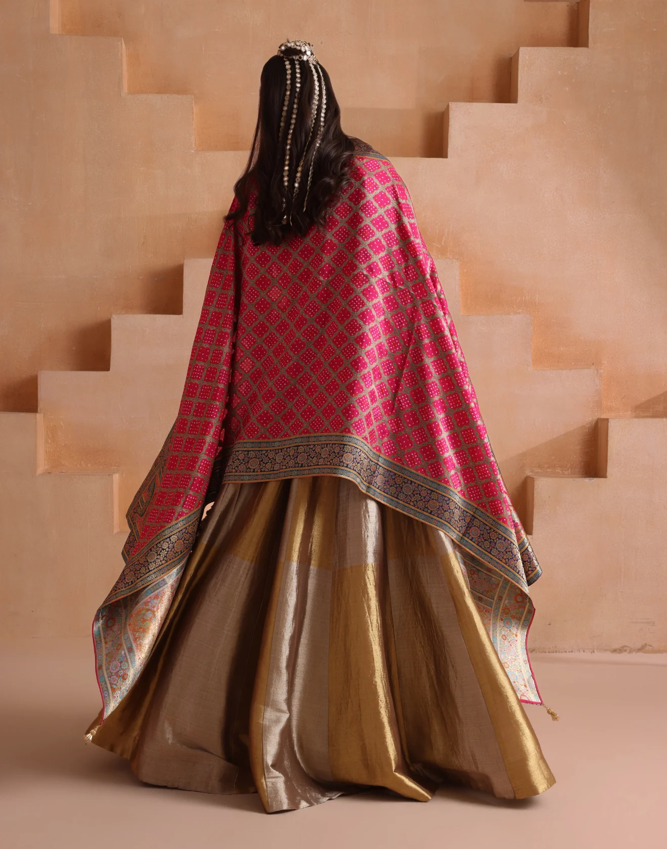 Golden Rays Embellished Silk Lehenga Set With Contrast Bandhej Dupatta - Image 6