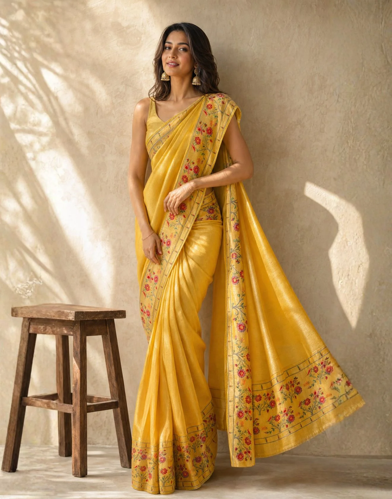 Golden Yellow Blended Tissue Silk Meenakari Paithani Saree