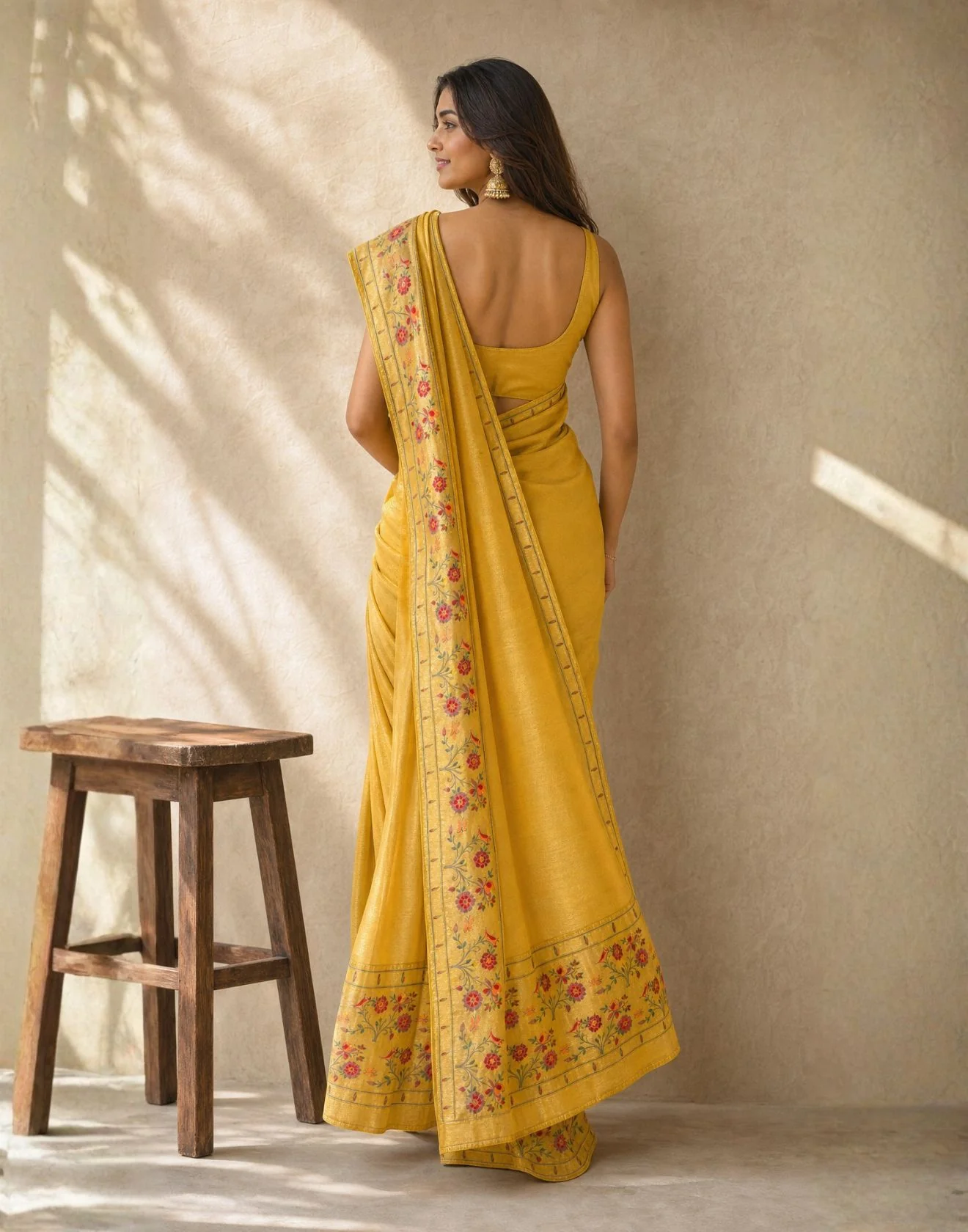 Golden Yellow Blended Tissue Silk Meenakari Paithani Saree - Image 4