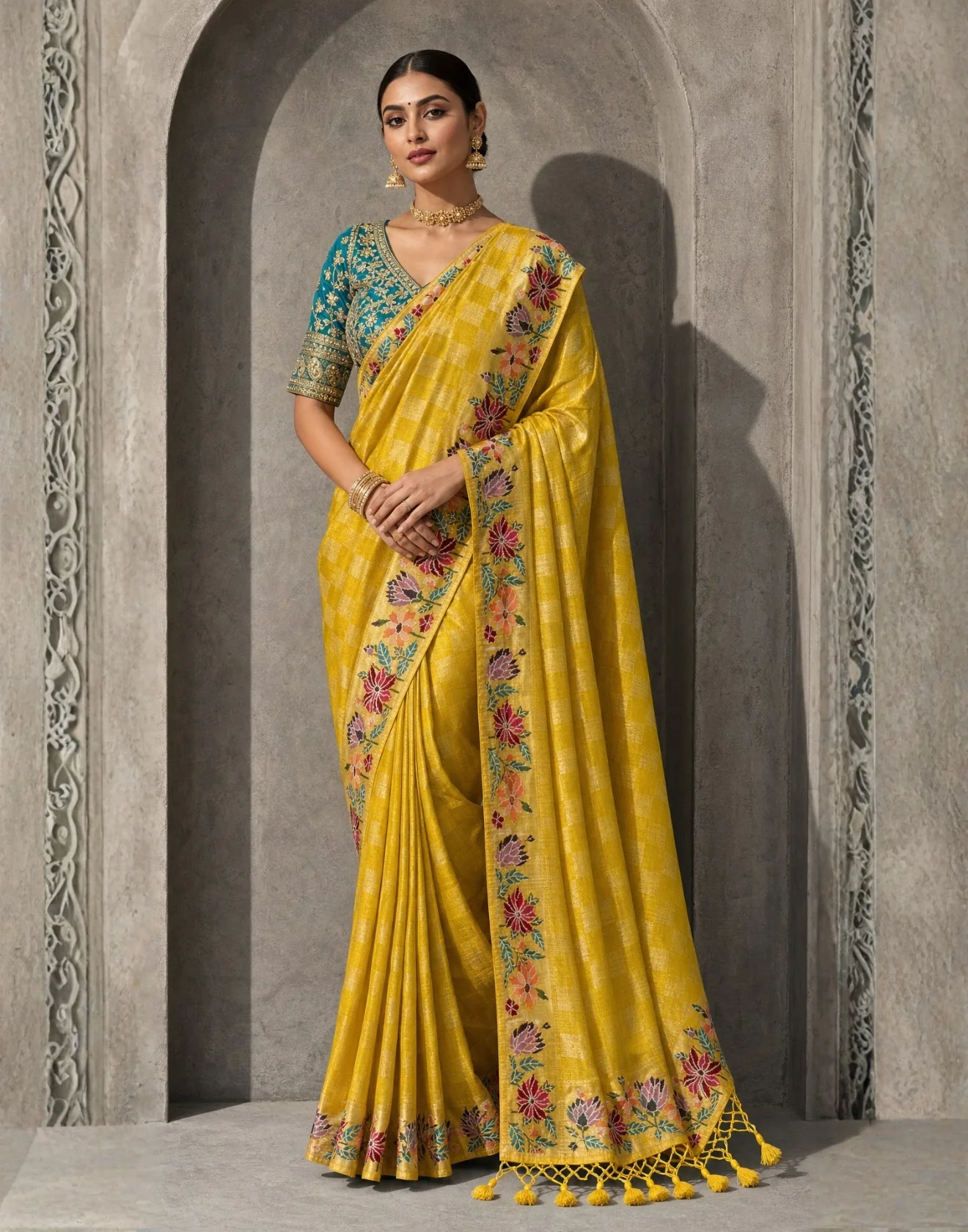 Golden Yellow Checkered Weave Silk Saree