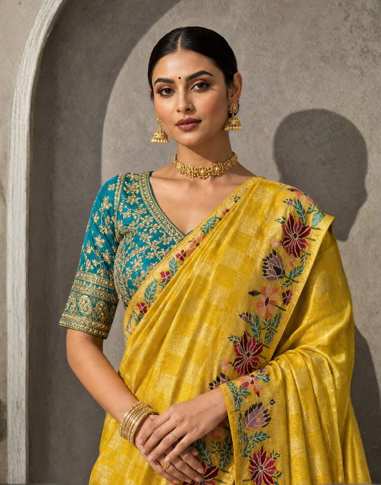Golden Yellow Checkered Weave Silk Saree - Image 3