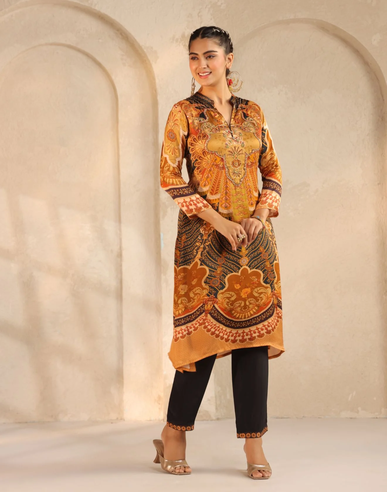 Golden Yellow & Navy Blue Baroque Print Kurta Set - Image 3