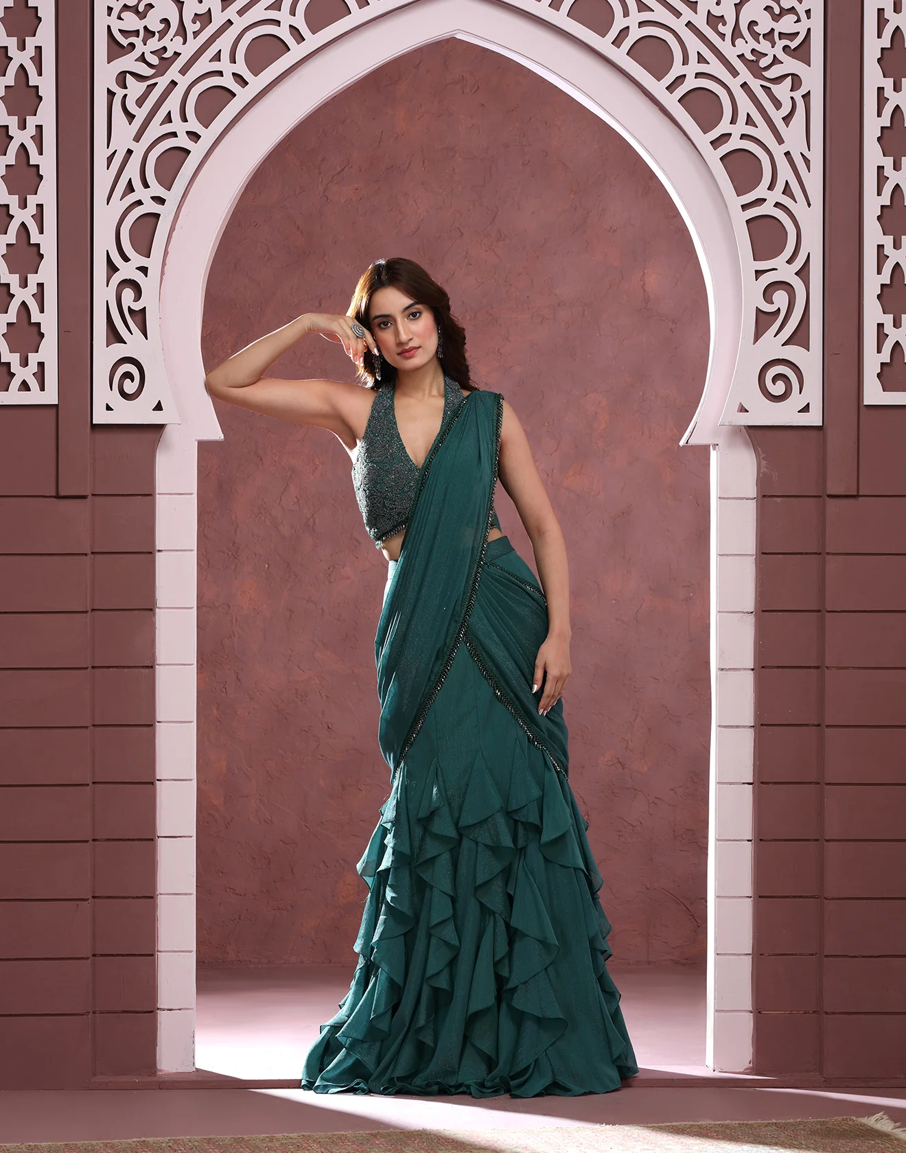 Green Glam Shimmer Chiffon Layered Pre-Stitched Saree With Blouse - Image 3