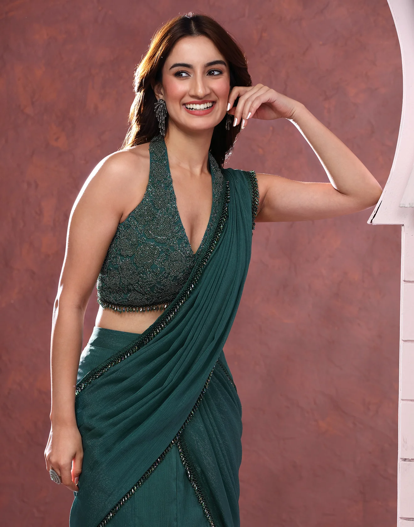 Green Glam Shimmer Chiffon Layered Pre-Stitched Saree With Blouse - Image 4