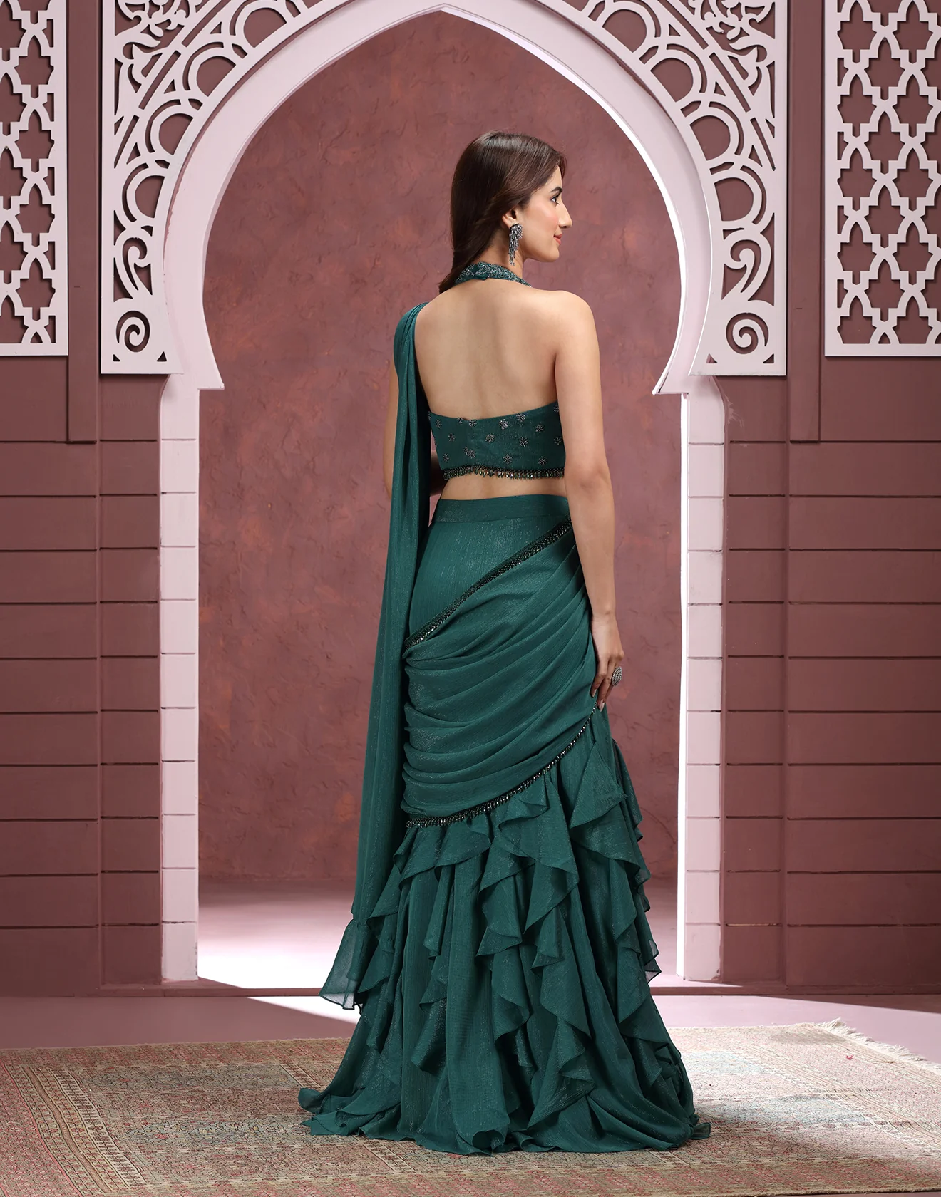 Green Glam Shimmer Chiffon Layered Pre-Stitched Saree With Blouse - Image 5