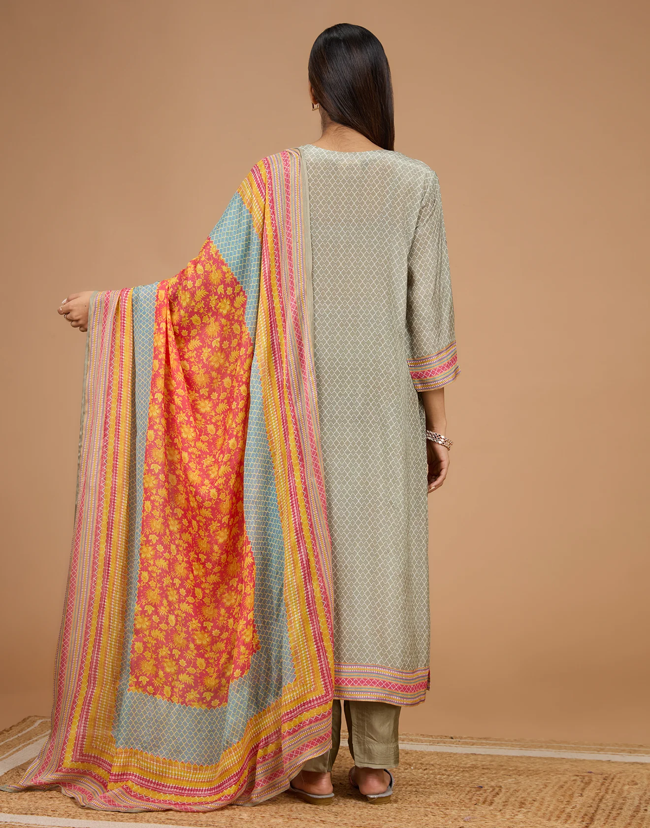 Greyish Green Floral Printed Crepe Silk Unstitched Suit Set - Image 6