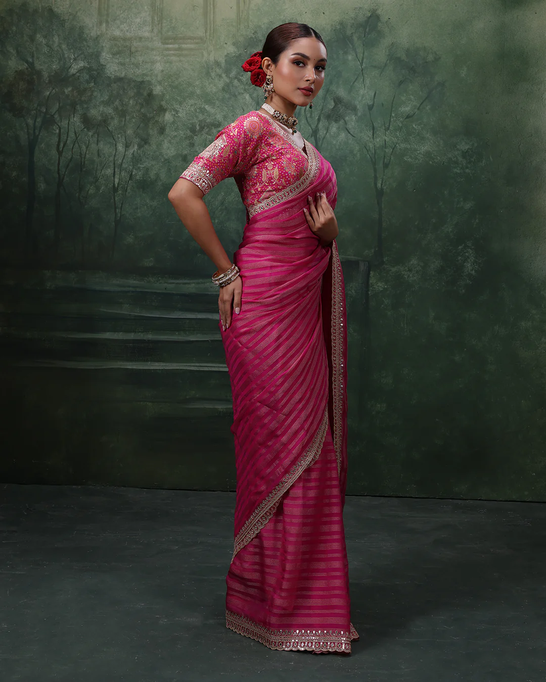 Gulabi Gulzar Stripped Organza Saree With Stitched Blouse - Image 2