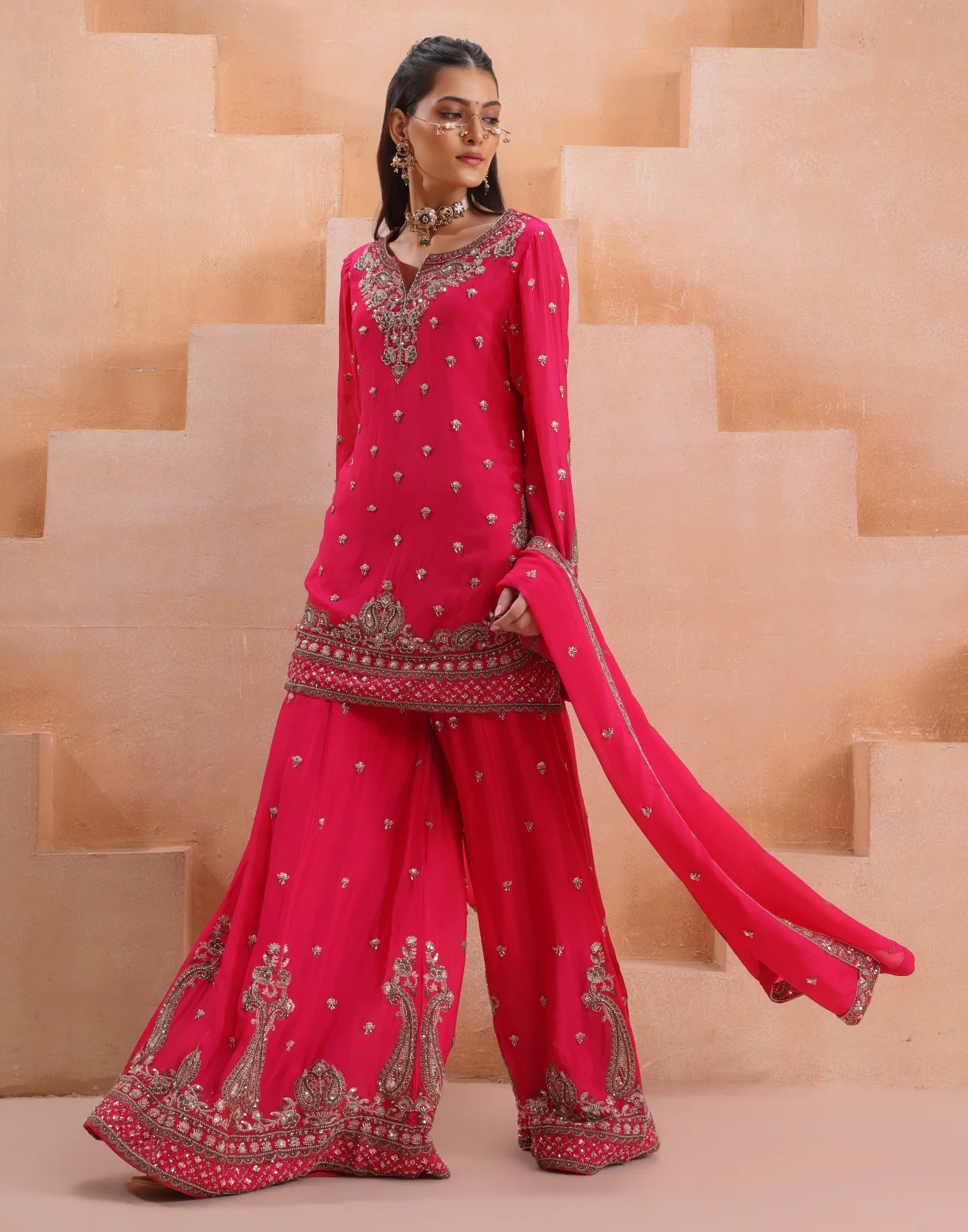 Gulnaar Rani Antique Gold Hand Embroidered Festive Palazzo Salwar Kameez Set - Image 2