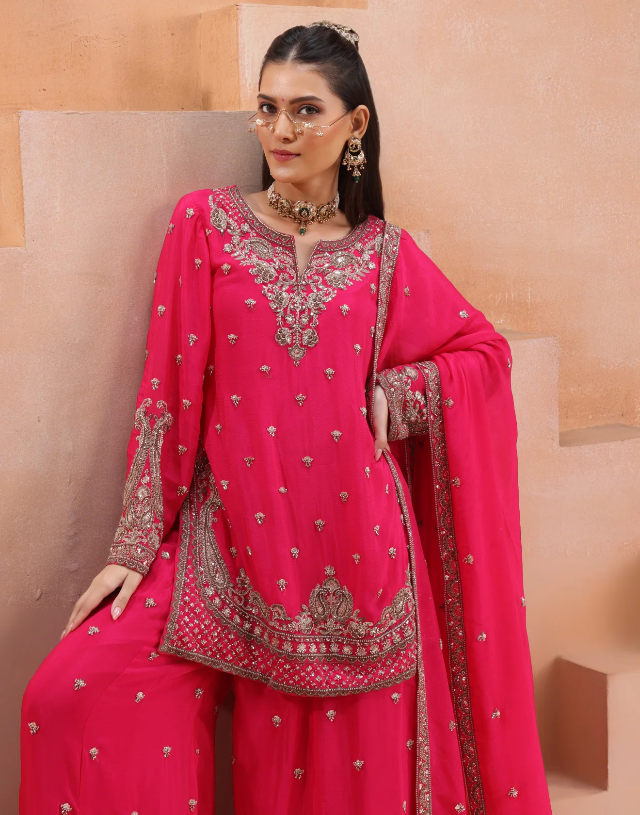 Gulnaar Rani Antique Gold Hand Embroidered Festive Palazzo Salwar Kameez Set - Image 4