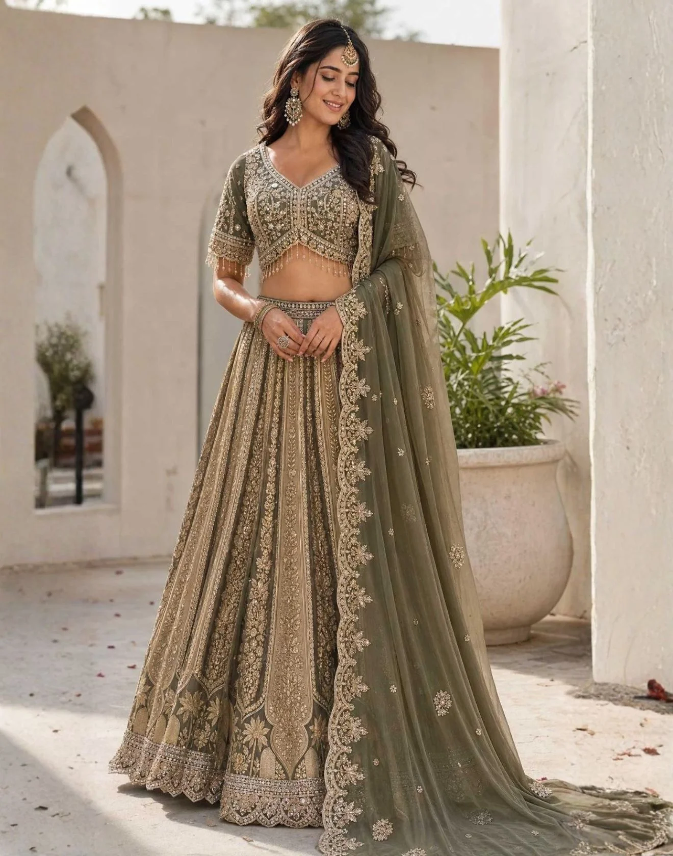 Henna Green Banarasi Silk Festive Lehenga Set