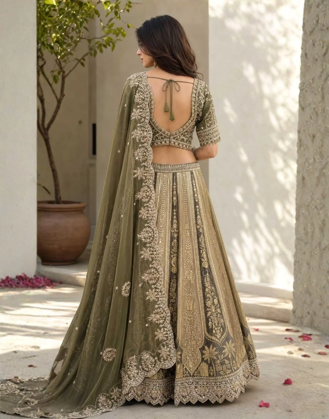 Henna Green Banarasi Silk Festive Lehenga Set - Image 2