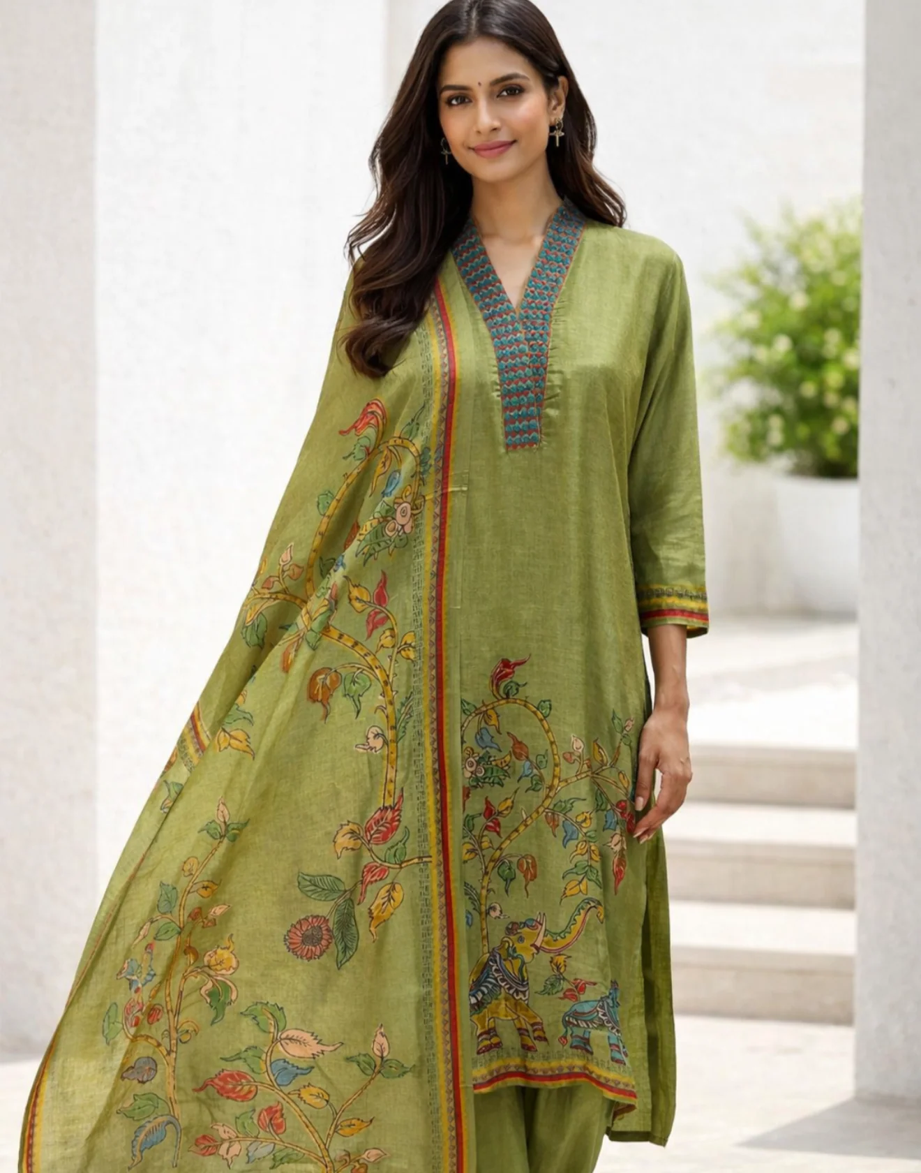 Henna Green Cotton Silk Printed Kurta Set With Pant & Dupatta