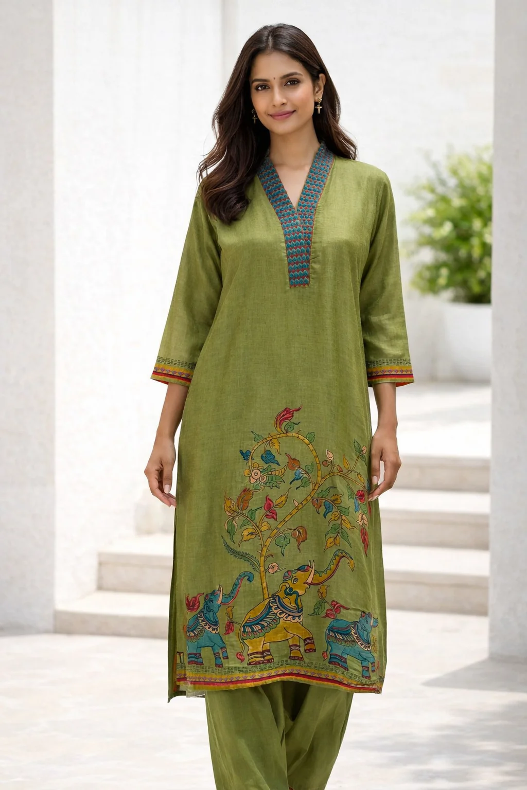 Henna Green Cotton Silk Printed Kurta Set With Pant & Dupatta - Image 2