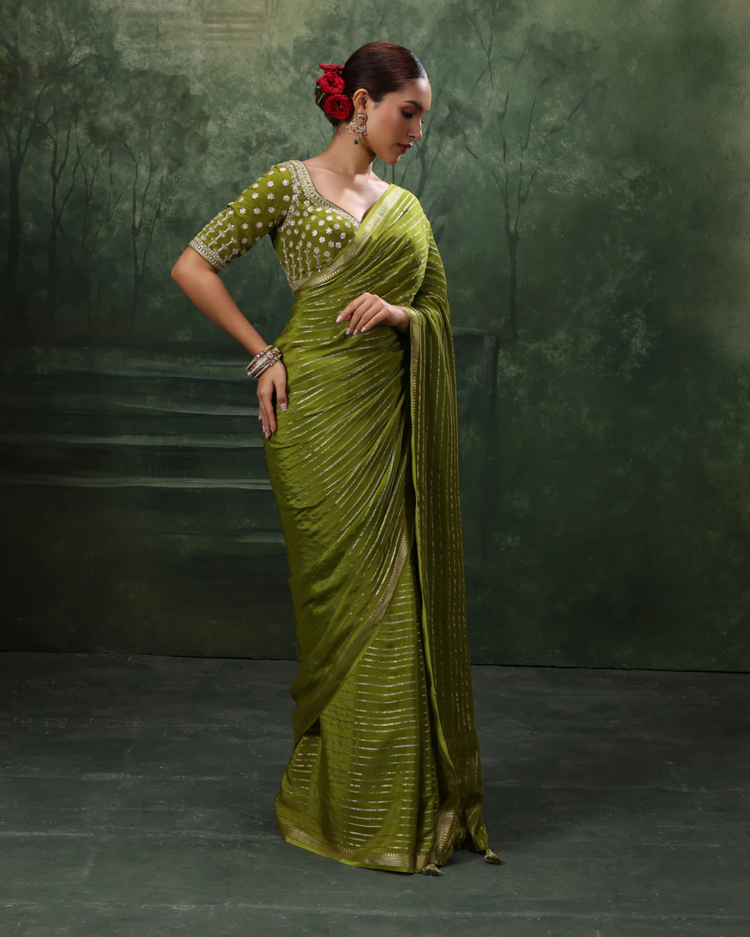 Henna Green Crepe Silk Saree With Gota Embroidered Stitched Blouse - Image 2