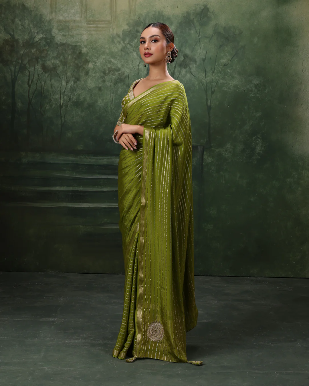 Henna Green Crepe Silk Saree With Gota Embroidered Stitched Blouse - Image 3