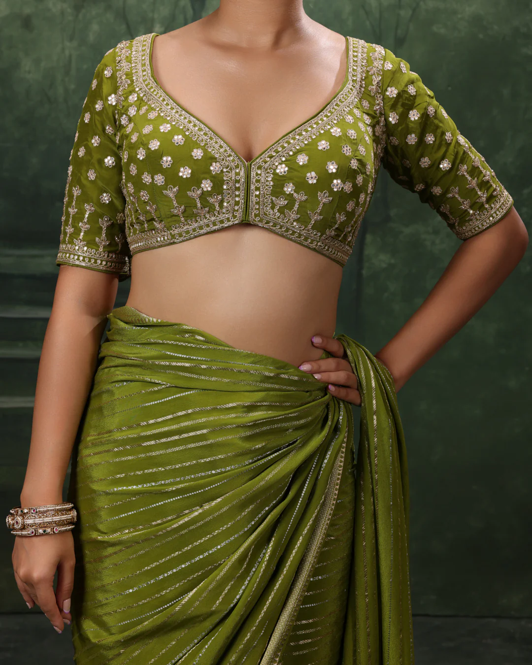 Henna Green Crepe Silk Saree With Gota Embroidered Stitched Blouse - Image 4