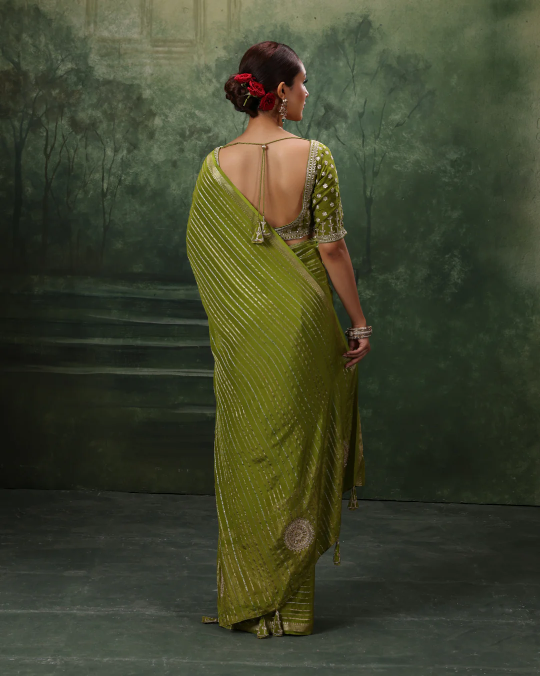 Henna Green Crepe Silk Saree With Gota Embroidered Stitched Blouse - Image 6