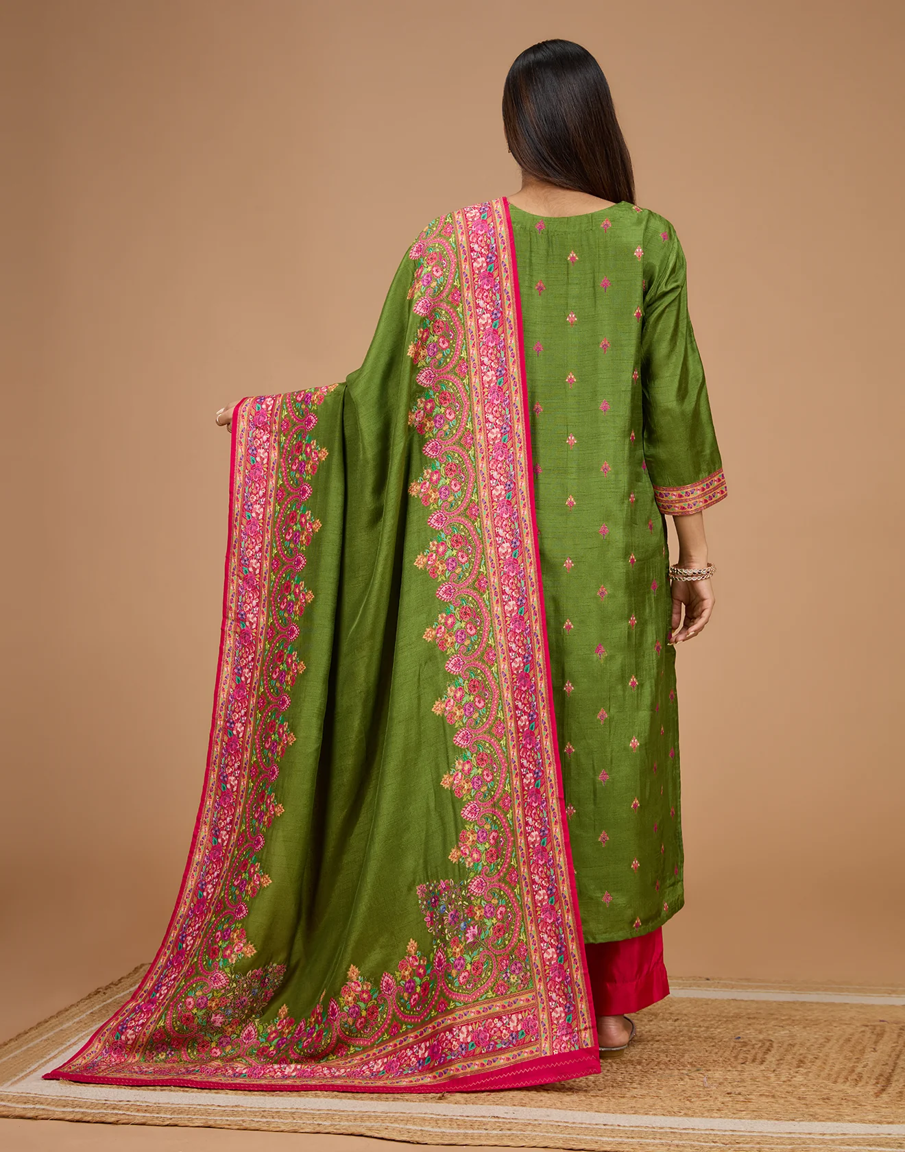 Henna Green With Contrast Woven Design Silk Unstitched Suit Set - Image 6