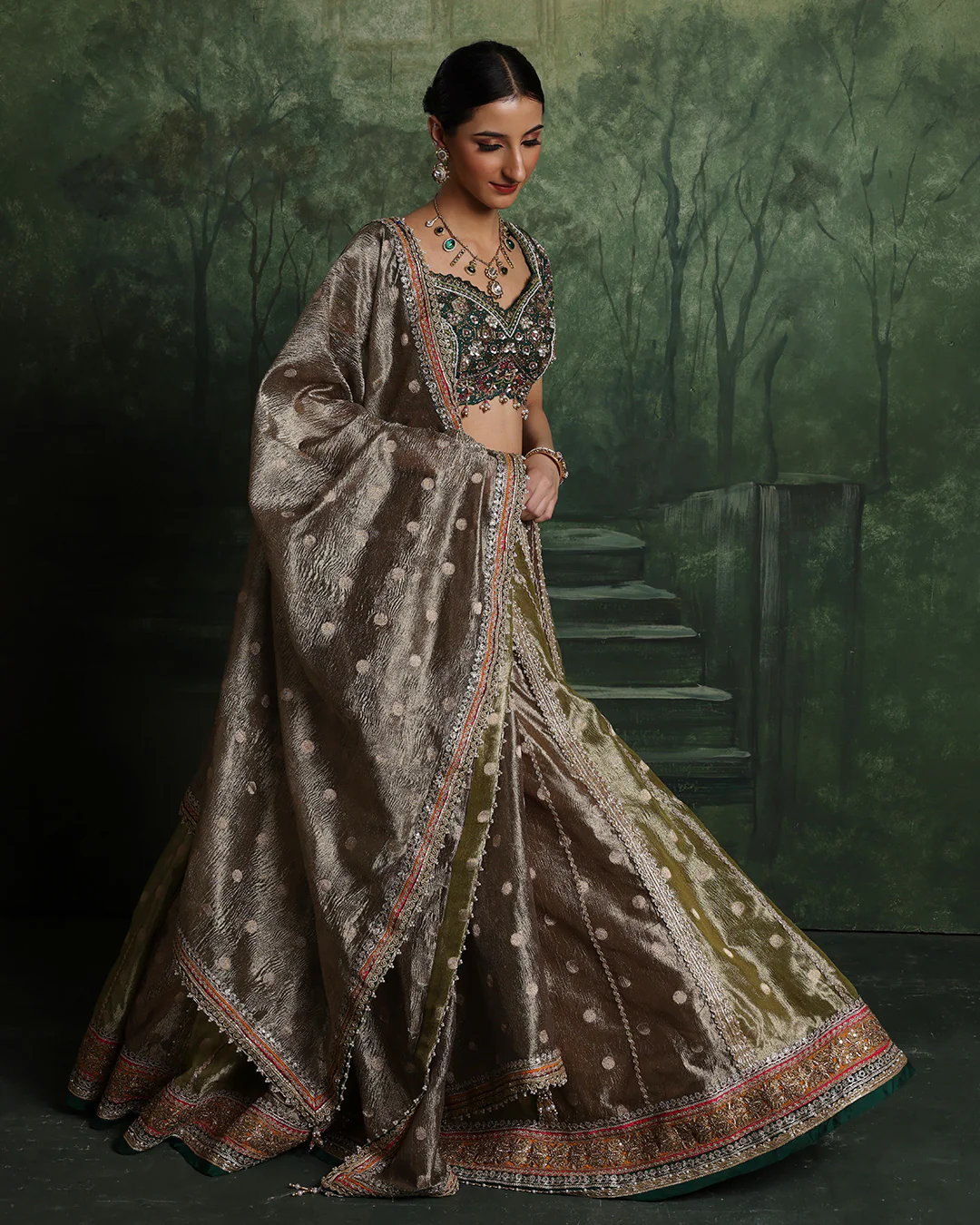 Henna Hues Shimmer Brocade Lehenga Set For Mehendi - Image 2
