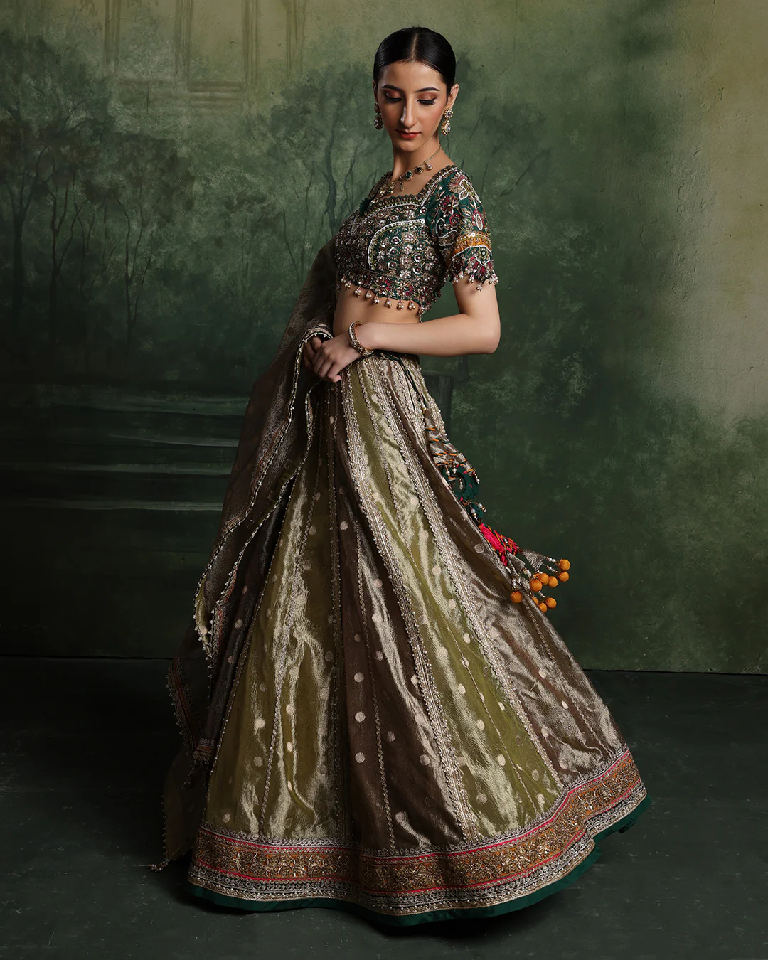 Henna Hues Shimmer Brocade Lehenga Set For Mehendi - Image 3