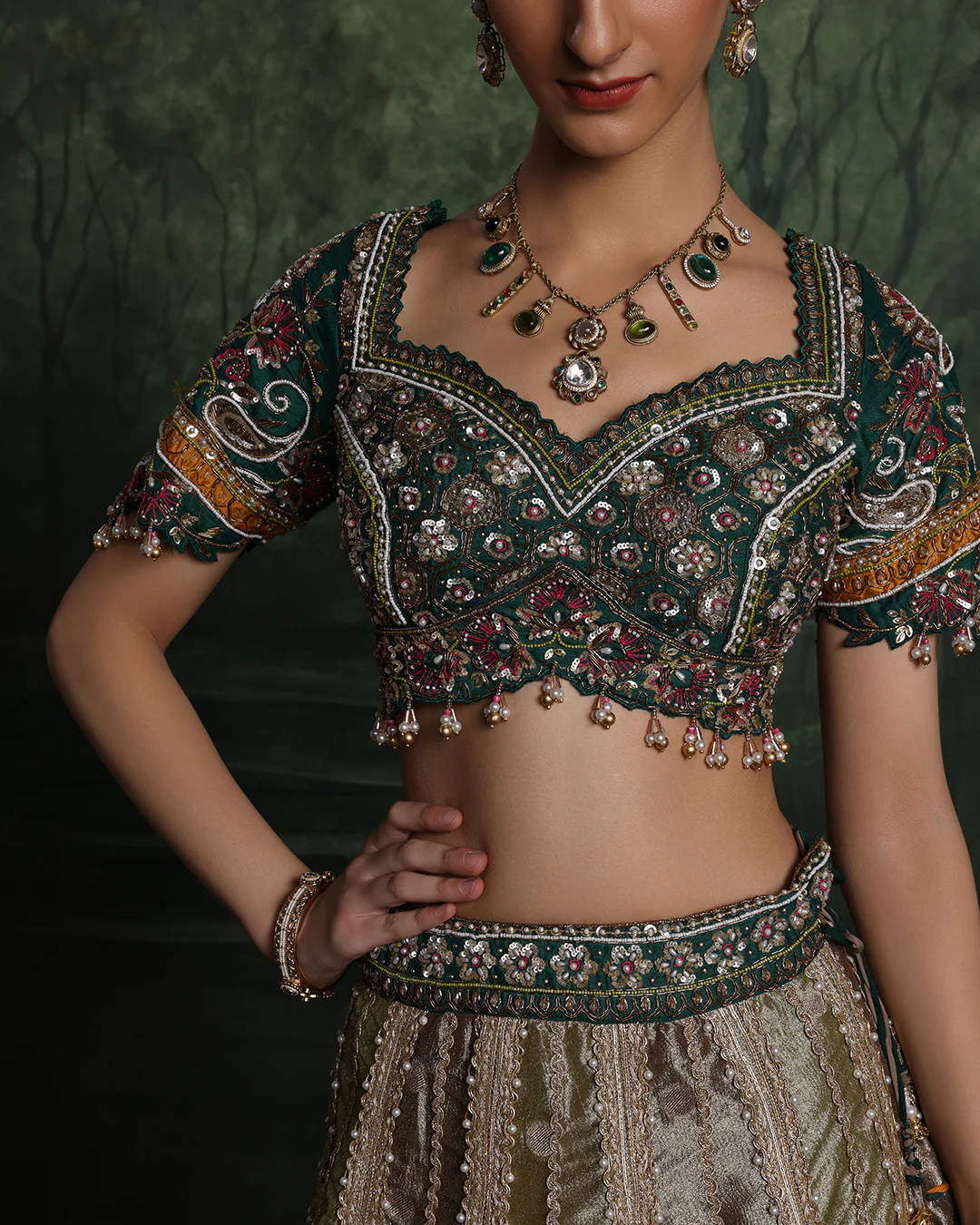 Henna Hues Shimmer Brocade Lehenga Set For Mehendi - Image 4