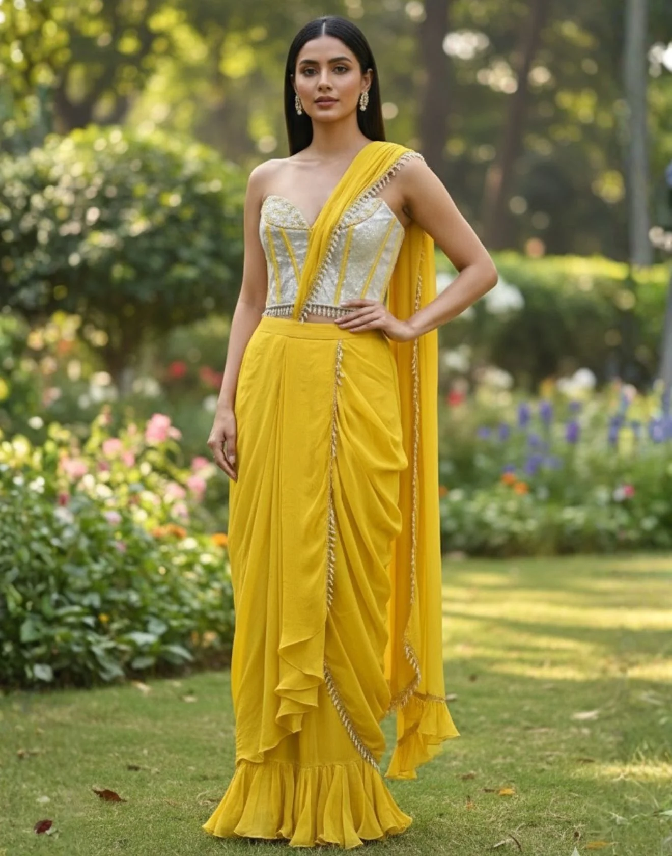Honey-Bee Charm Waterfall Drape Saree With Sequin Corset Blouse