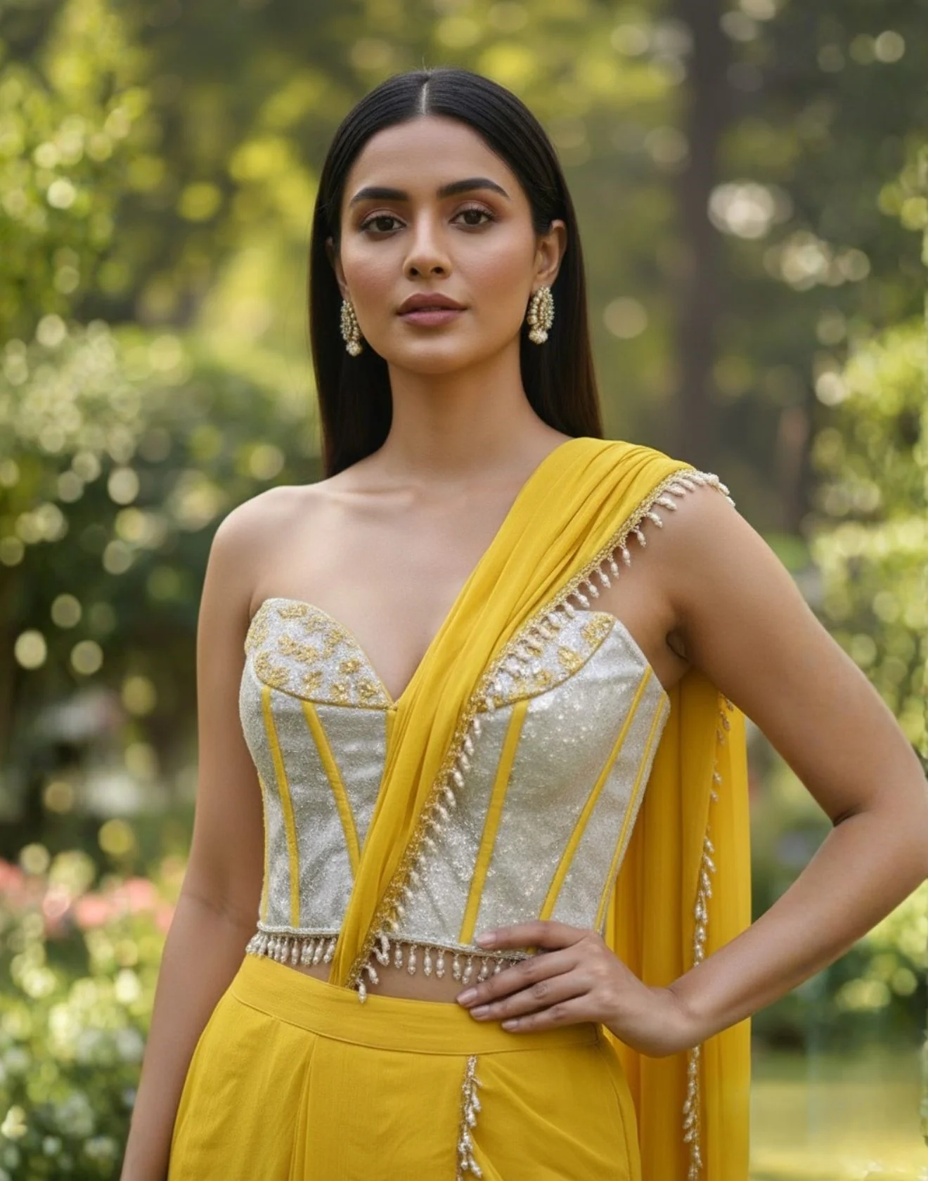 Honey-Bee Charm Waterfall Drape Saree With Sequin Corset Blouse - Image 2