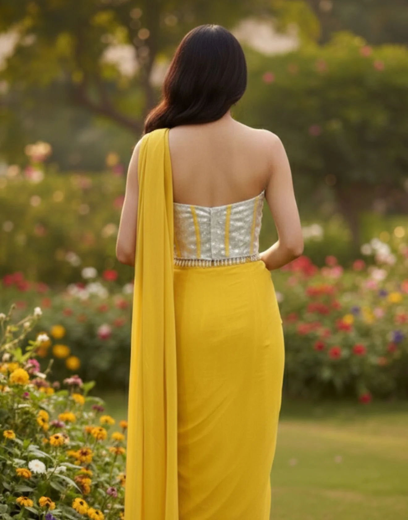 Honey-Bee Charm Waterfall Drape Saree With Sequin Corset Blouse - Image 3