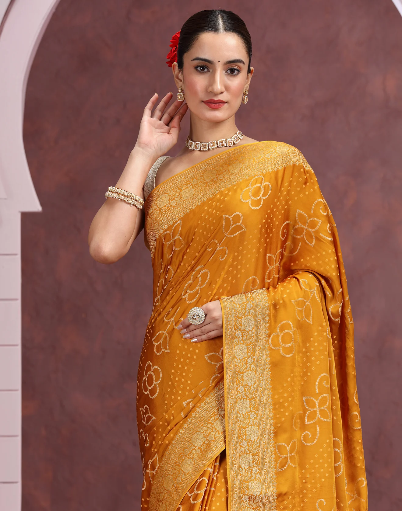 Honey Haze Bandhej Printed Silk Saree - Image 3