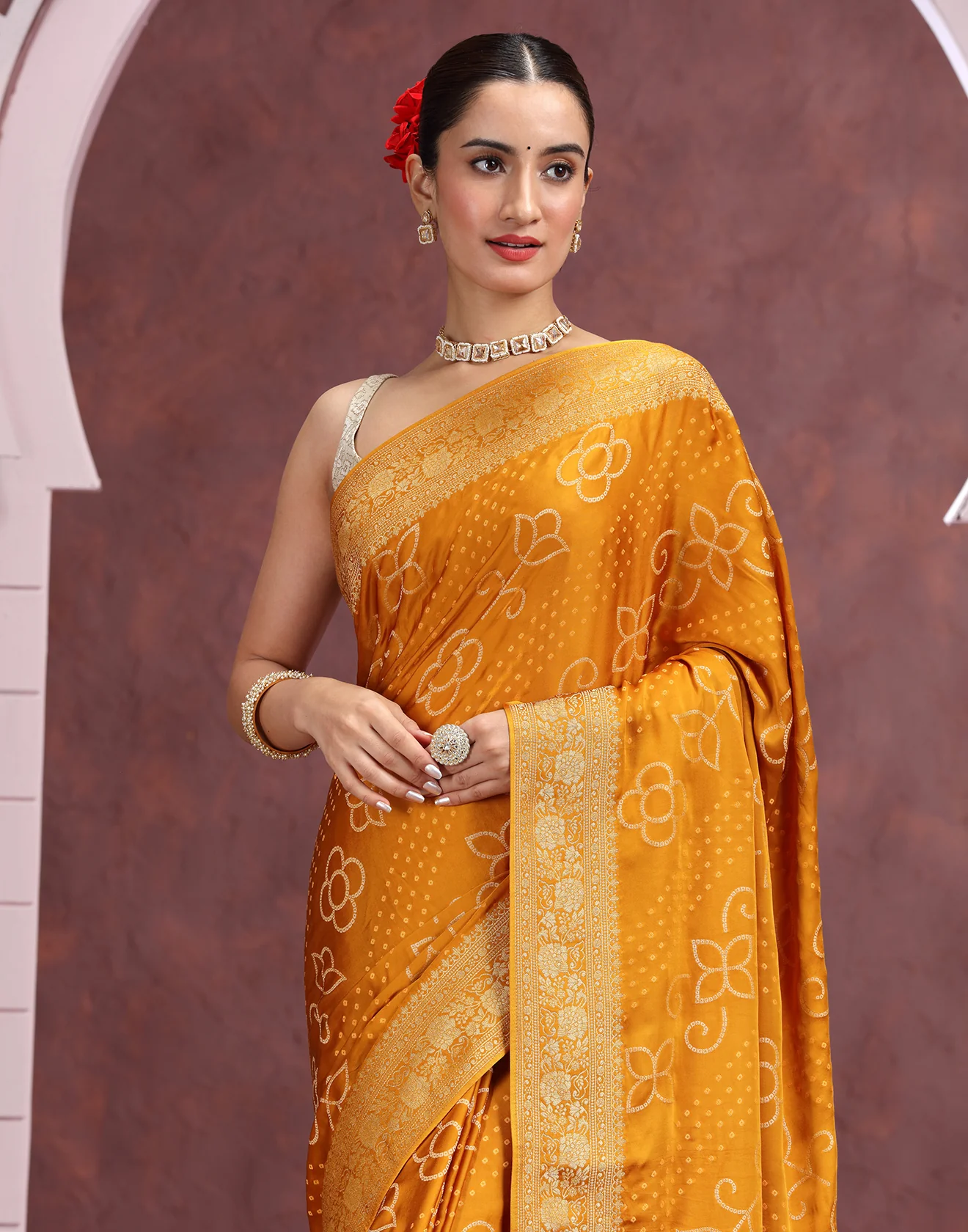 Honey Haze Bandhej Printed Silk Saree - Image 4