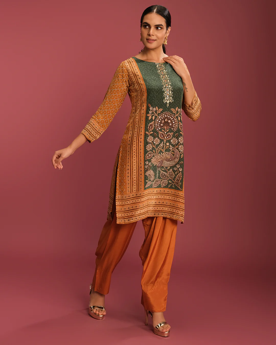 Honey Yellow & Forest Green Printed Crepe Kurta Set - Image 2