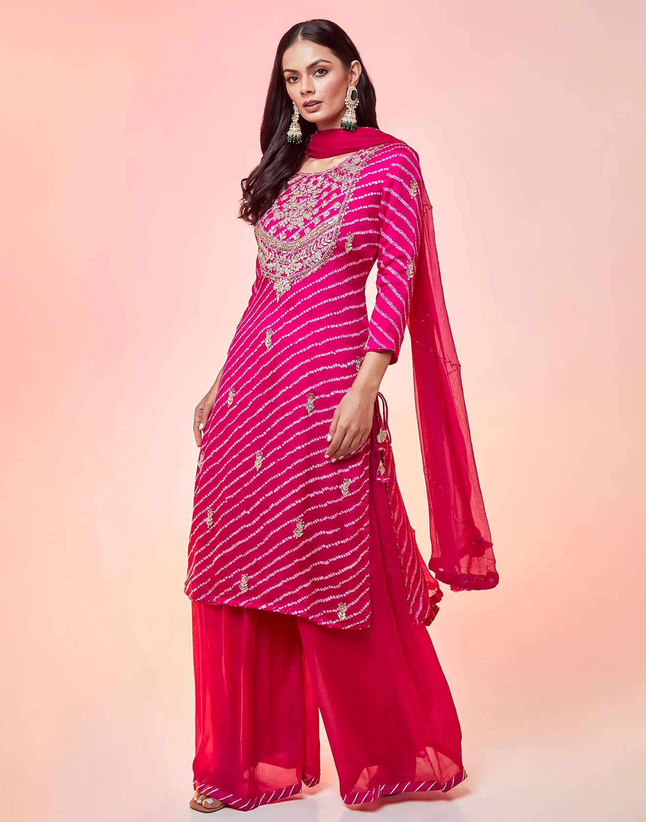 Hot Pink And Magenta Shaded Bandhani In Process Bright Pink Palazzo Suit Set - Image 3