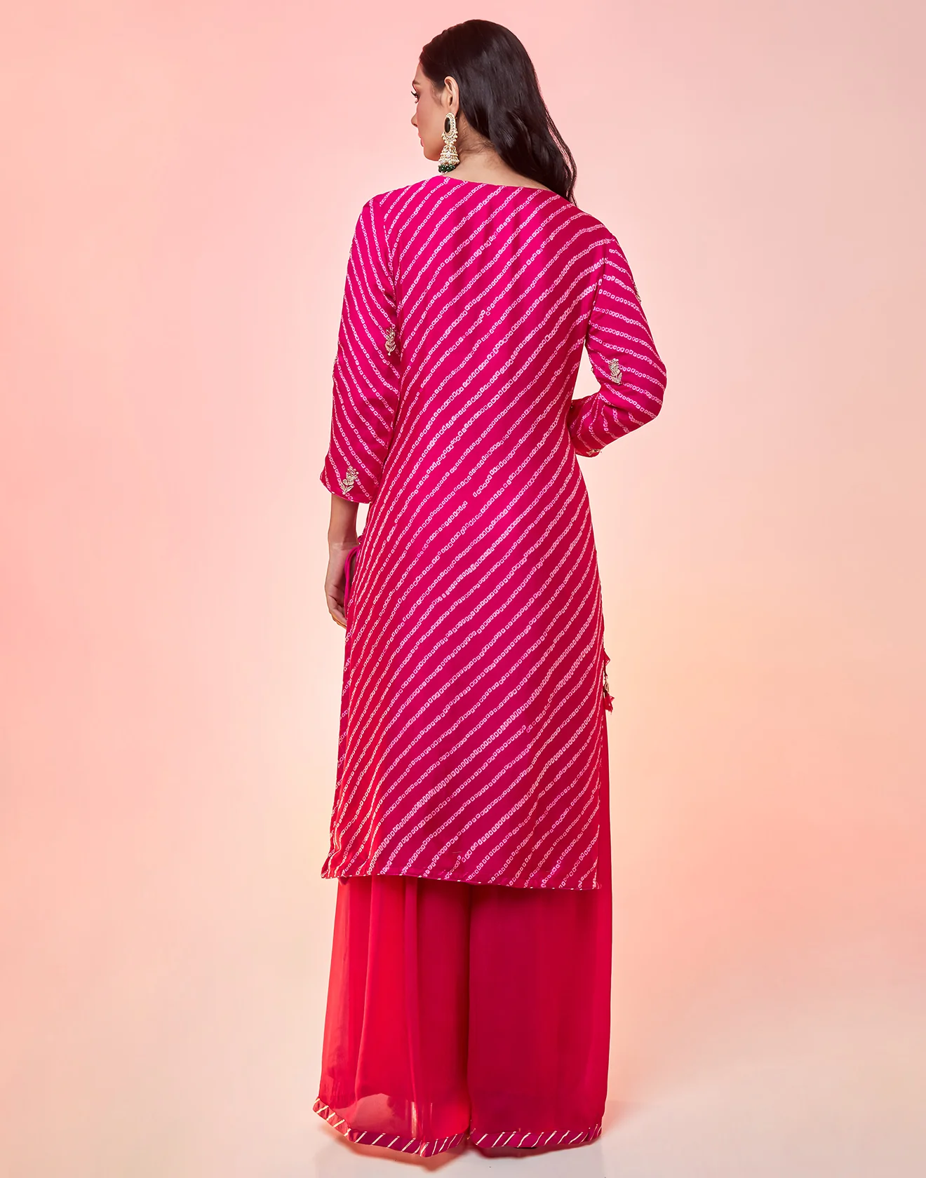 Hot Pink And Magenta Shaded Bandhani In Process Bright Pink Palazzo Suit Set - Image 4