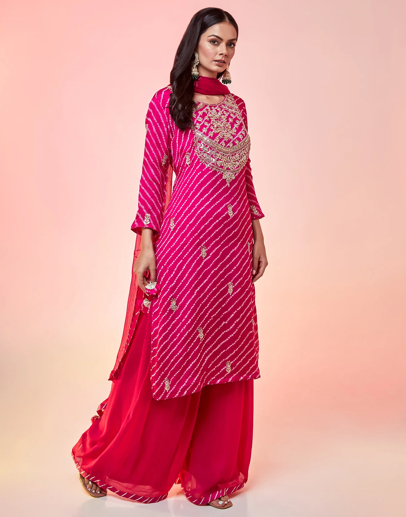 Hot Pink And Magenta Shaded Bandhani In Process Bright Pink Palazzo Suit Set - Image 5