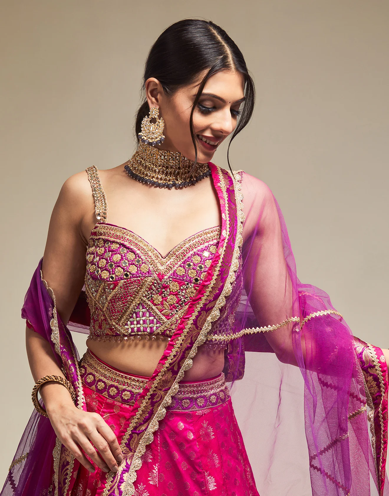 Hot Pink Multi Hued Traditional Lehenga Set - Image 3