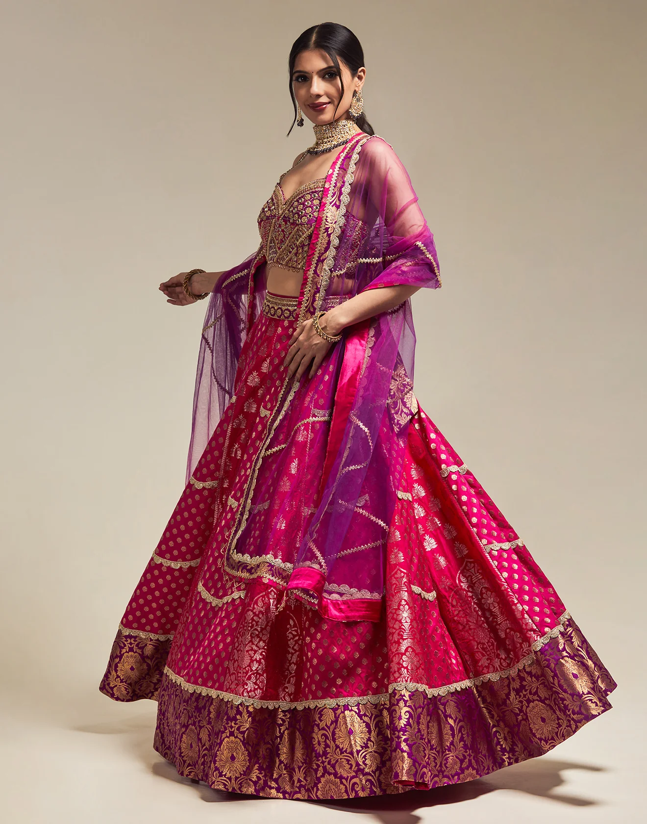 Hot Pink Multi Hued Traditional Lehenga Set - Image 4