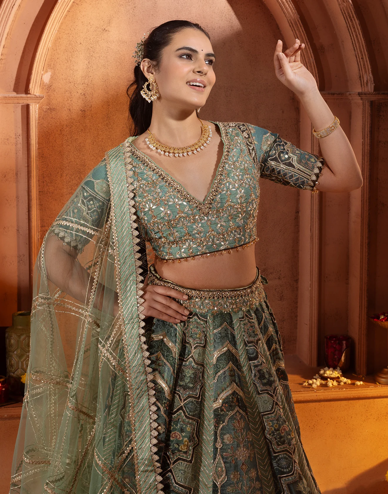 Hues of Olive Mughal-E-Khaas Lehenga Set - Image 3