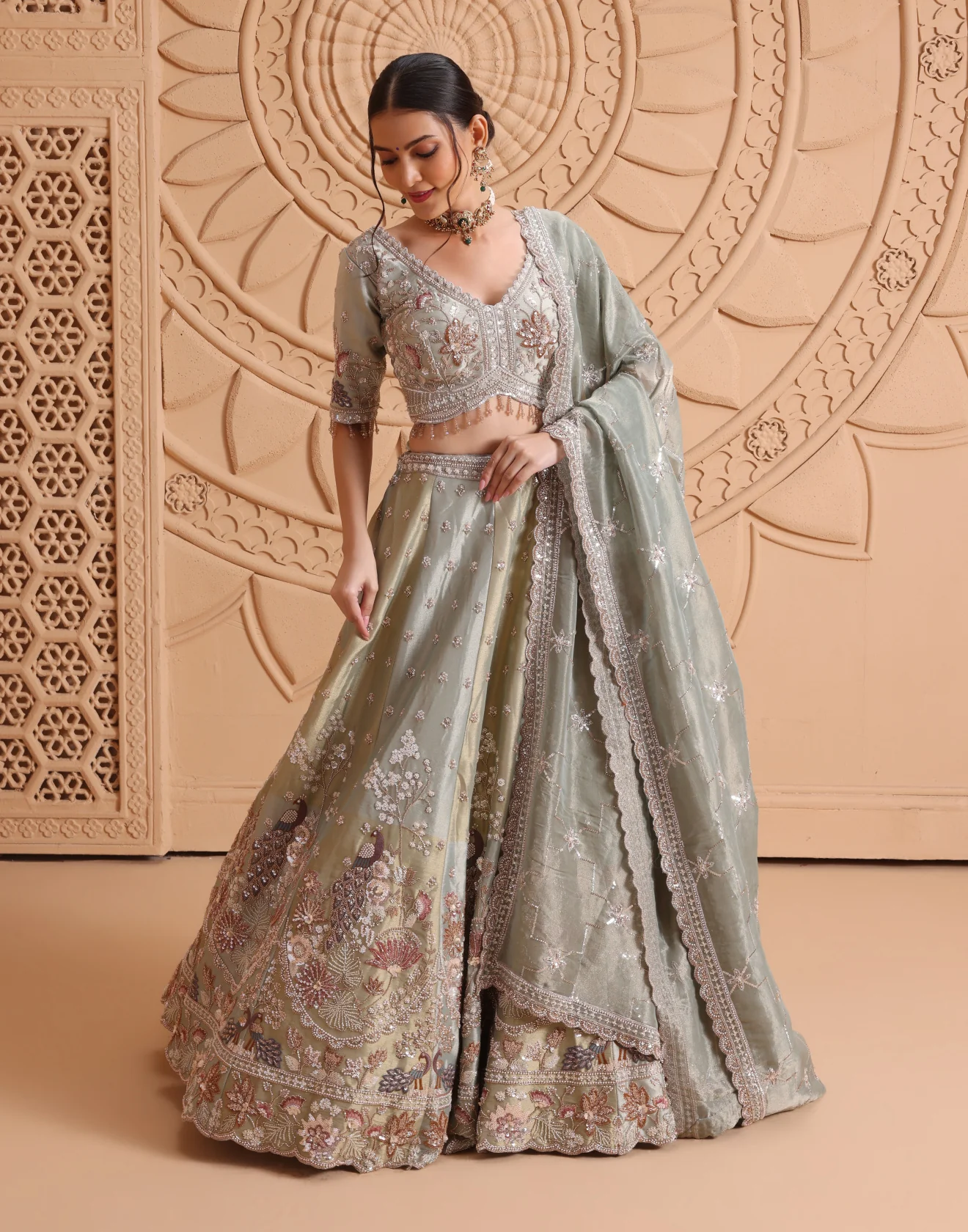 Icy Olive Hand Embroidered Tissue Silk Bridal Lehenga Set - Image 2
