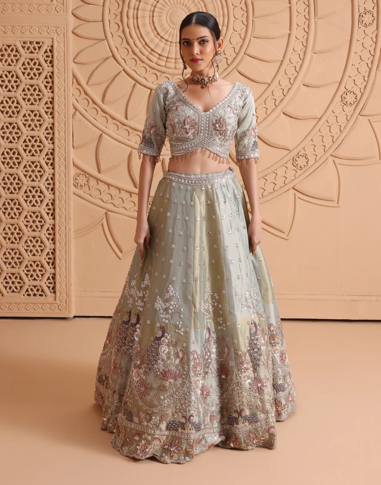 Icy Olive Hand Embroidered Tissue Silk Bridal Lehenga Set - Image 3