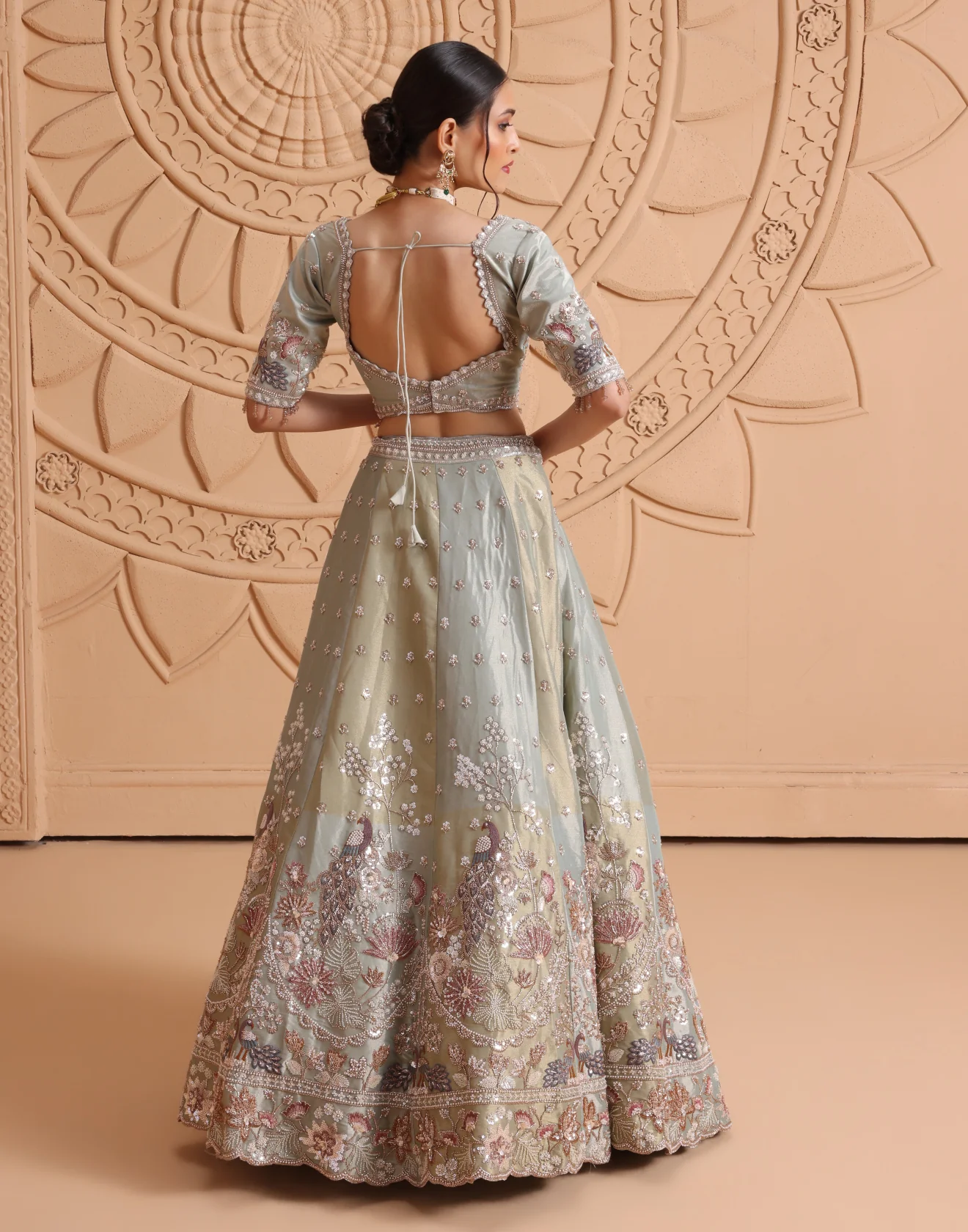 Icy Olive Hand Embroidered Tissue Silk Bridal Lehenga Set - Image 5