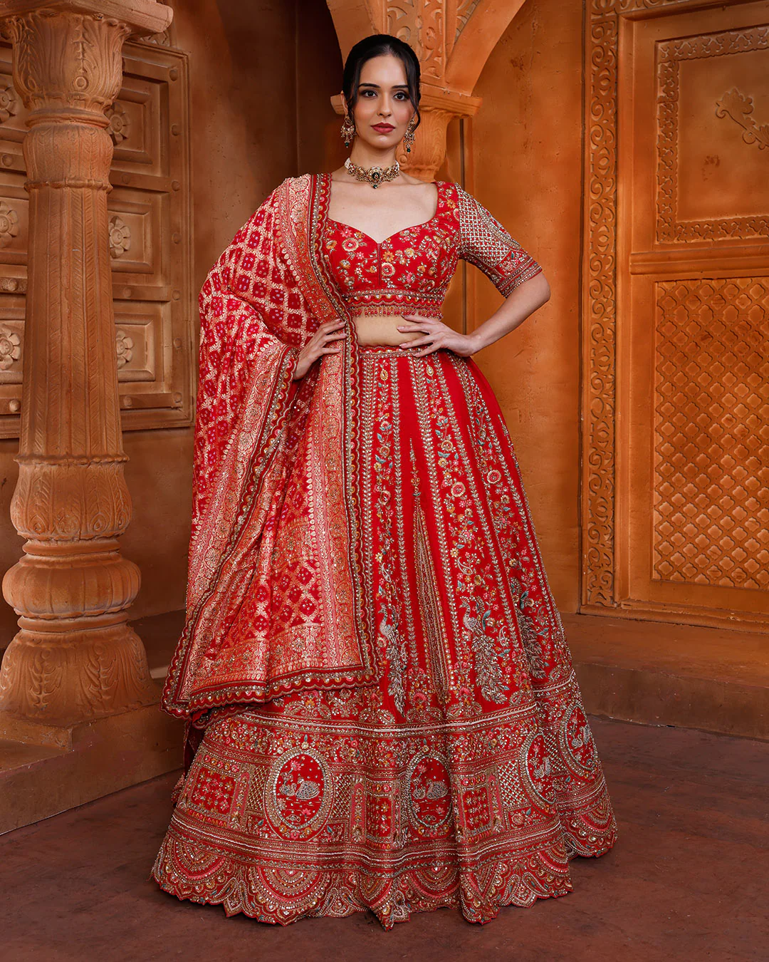 Imperial Red Embroidered Silk Lehenga With Bandhej & Organza Dupattas - Image 2