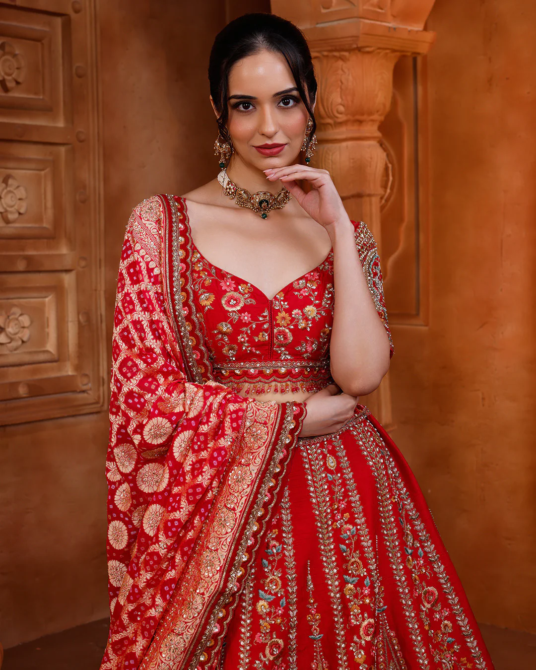 Imperial Red Embroidered Silk Lehenga With Bandhej & Organza Dupattas - Image 3