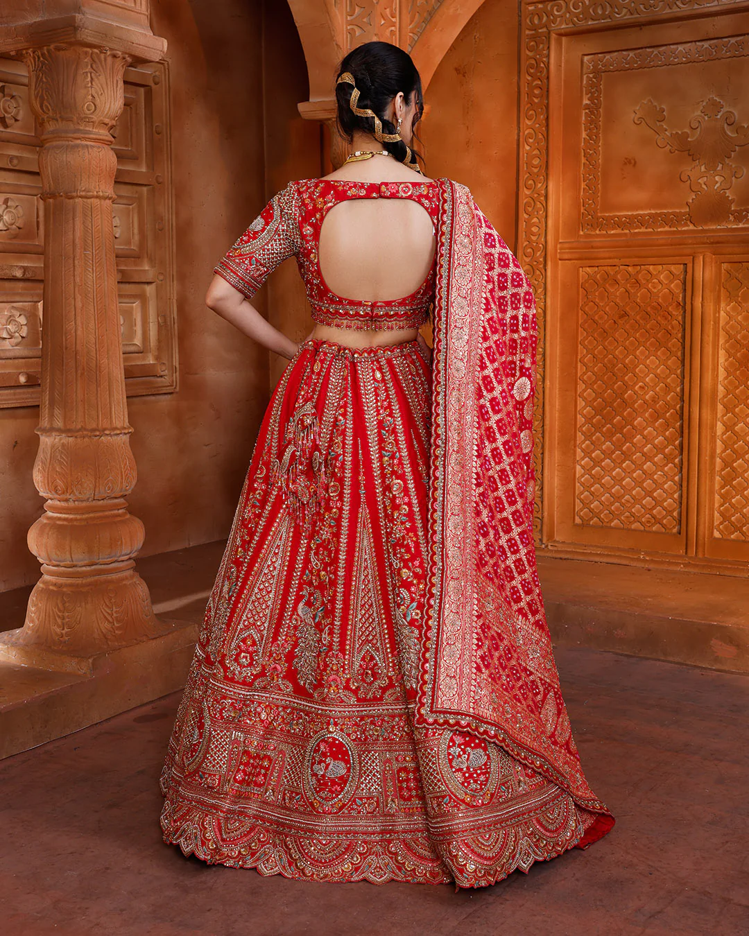 Imperial Red Embroidered Silk Lehenga With Bandhej & Organza Dupattas - Image 4