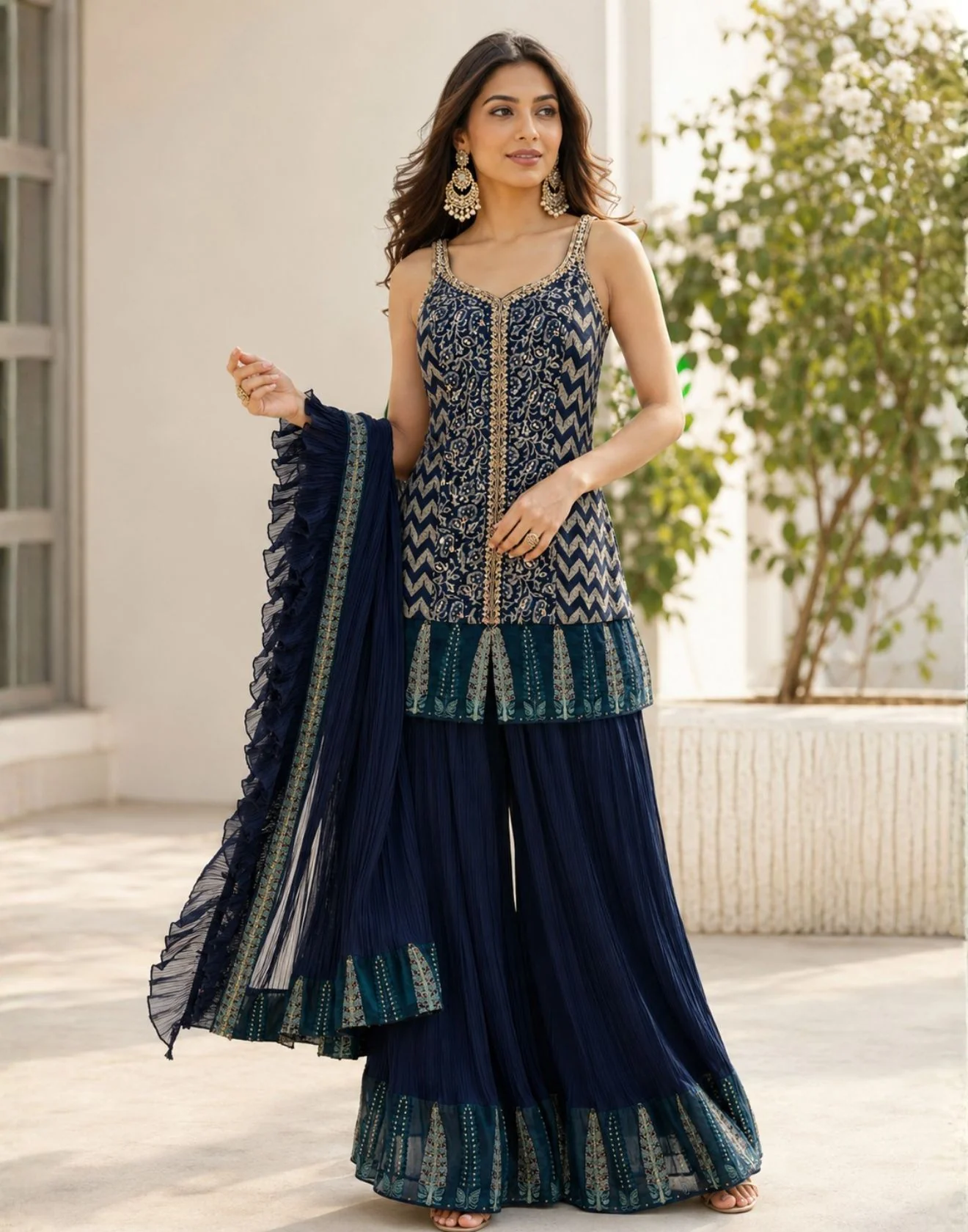 Indigo Jaal With Chevron Printed Silk Festive Gharara Set