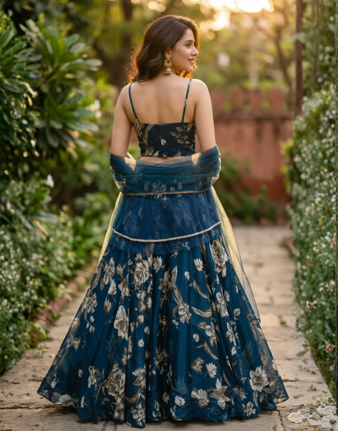 Ink Blue Floral Printed Bridesmaid Lehenga Set - Image 2