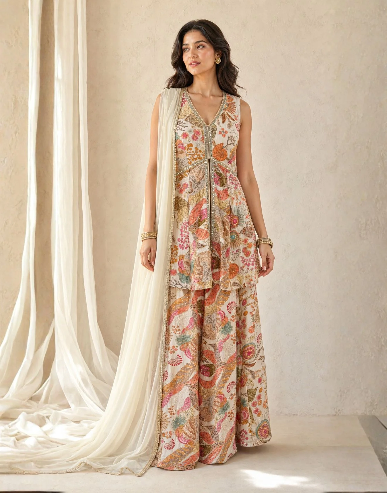 Ivory Garden Printed Kurta Palazzo Set with Dupatta