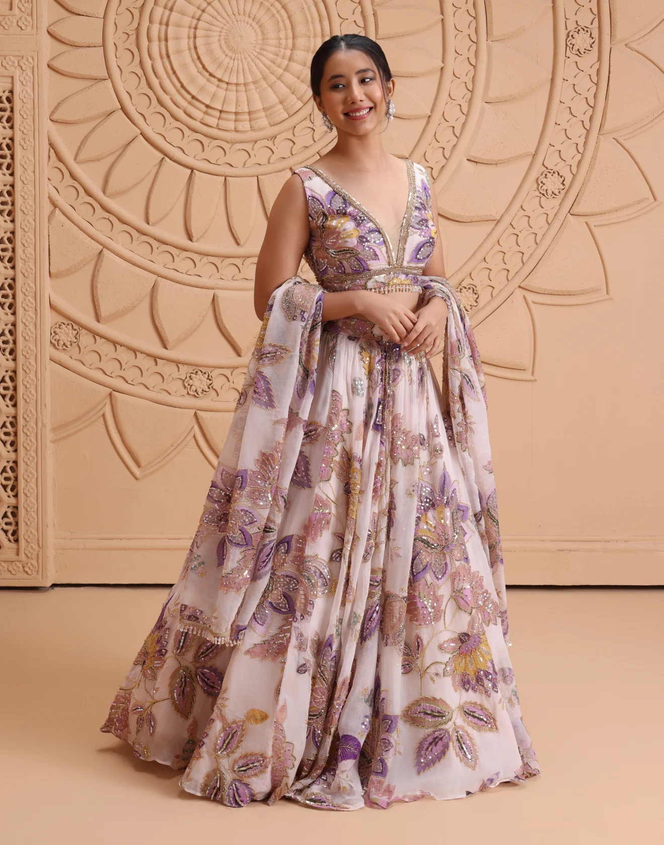 Ivory Mist With Orchid Hues Printed Cocktail Lehenga Set